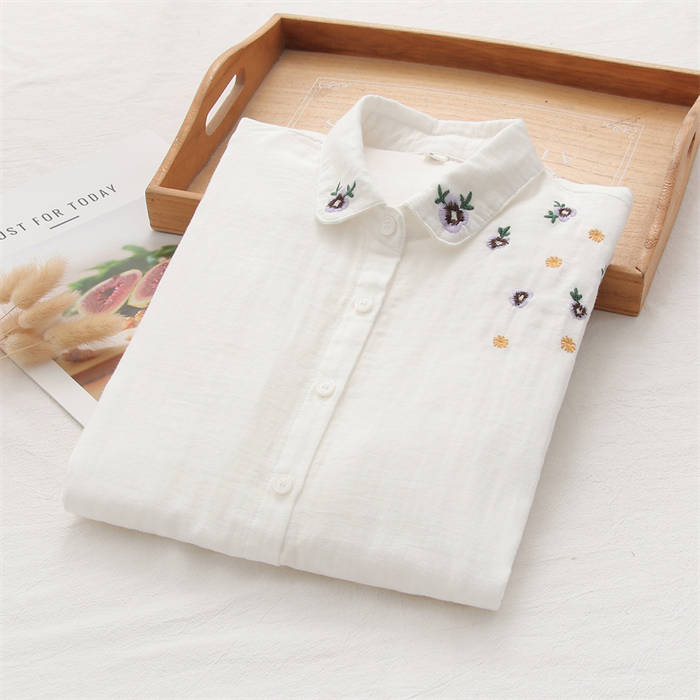 刺繍 ガーゼ シャツ コットン レディース 綿 長袖 ダブルガーゼ 春秋 トップス ダブルガーゼシャツ 2重ガーゼ ガーゼシャツ レディースシャツ レディーストップス シャツブラウス 長袖シャツ シャツ ガーゼ 綿 ナチュラル すっきり 通学 外出 通勤 大人 白 ホワイト