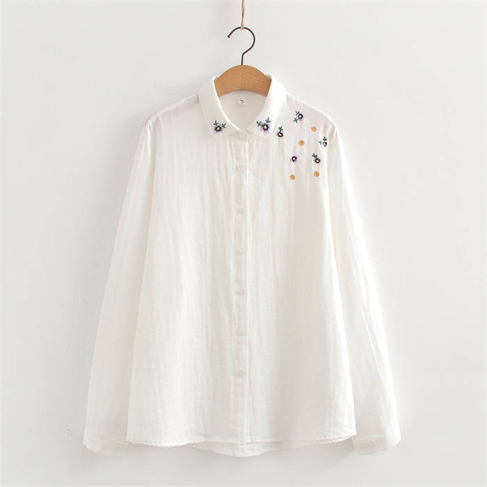 刺繍 ガーゼ シャツ コットン レディース 綿 長袖 ダブルガーゼ 春秋 トップス ダブルガーゼシャツ 2重ガーゼ ガーゼシャツ レディースシャツ レディーストップス シャツブラウス 長袖シャツ シャツ ガーゼ 綿 ナチュラル すっきり 通学 外出 通勤 大人 白 ホワイト