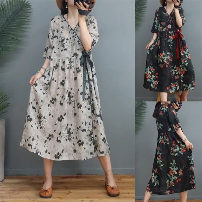 総柄 シャツワンピース ロング 春 夏 レディース 花柄 vネック フレア ロング ワンピース シャツ ワンピース 可愛い 綿麻調 ゆったり ワンピース 半袖 ロング丈 ワンピース ゆったり ファッション 体型カバー 大きいサイズ 着痩せ シンプル かわいい 新作 送料無料