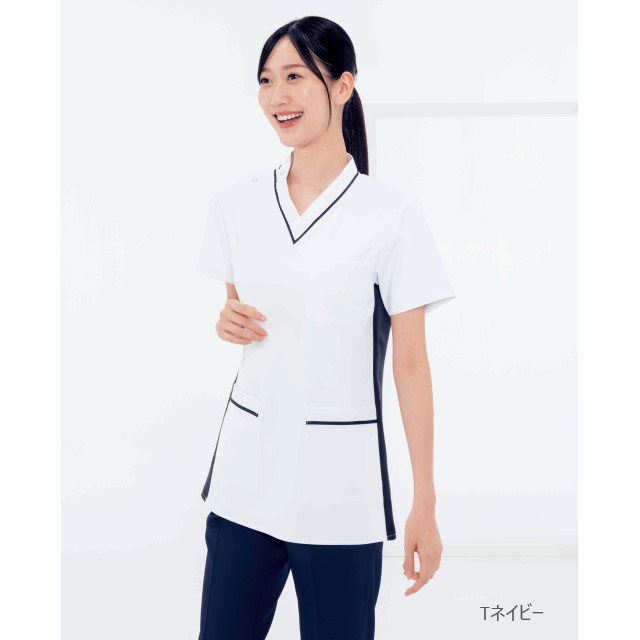 FT4492 ナガイレーベン ナースウェア スクラブ 男女兼用 半袖 ストレッチ性 制菌加工 制電 吸水 防汚 透け防効果 PHSポケット ループ付き NAGAILEBEN 医療用 看護師 ユニセックス チュニック 上衣 ジャケット 白衣 ホワイト ネイビー 紺 白