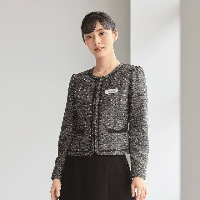 81680 en joie アンジョア ラ・ボーテ ジャケット レディス 女性用 ツイード 前ファスナー リボン 名札ポケット 美容 医療 サロン エステ クリニック 受付 おもてなし カーディーラー ショールーム 企業受付 インフォメーション 事務服 81680-2 黒 81680-4 アイボリー