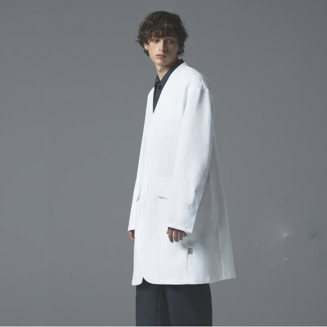 DOM-0010 ドクターコート 長袖 男性用 メンズ ノーカラー オーバーサイズ ユナイト チトセ 制電 ストレッチ 制菌 イージーケア ホワイト ネイビー ...