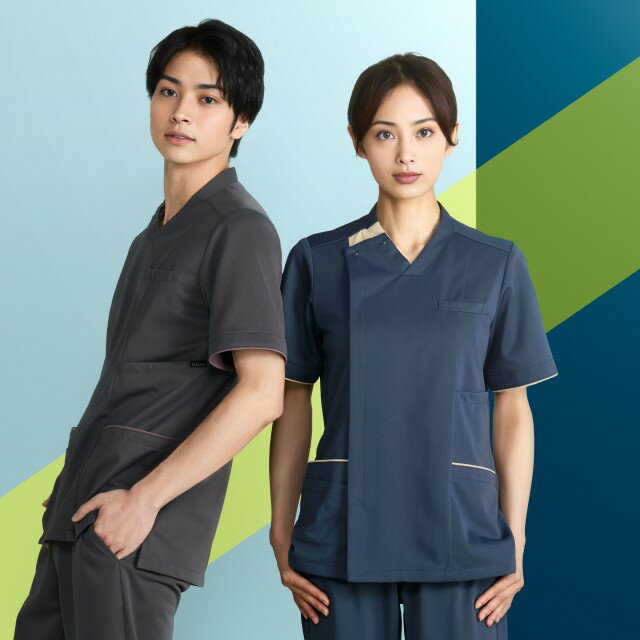 R8591 ヤギコーポレーション スクラブ ジャケット 男女兼用 半袖 サイドファスナー 前開き ニット ストレッチ 制菌加工 吸汗速乾 帯電防止 YAGI メディカルウェア リゼルヴァ 医療用 看護師 介護 リハビリ 歯科助手 エステ 整体 整骨院 薬局 薬剤師 SS 3L 4L 5L