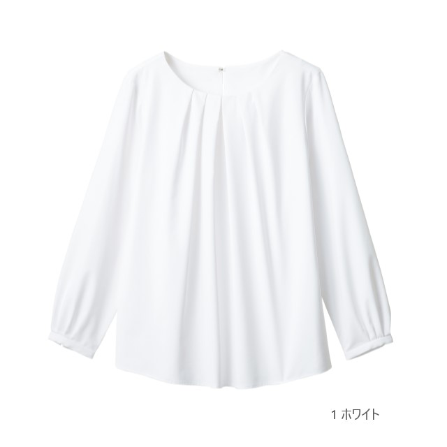 FB75590 フォーク ヌーヴォ オフィスウェア ブラウス 長袖 レディス 女性用 フロントタック 後ろホック ストレッチ 透けない おうち洗濯 イージーケア 速乾 ノーアイロン ホワイト nuovo FOLK 事務服 受付 医療 美容 エステ クリニック サロン 病院 おもてなし