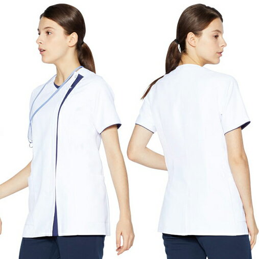 MZ-0163 チトセ ミズノ ナースウェア ジャケット 女性用 半袖 スマホポケット 透け防止 制電 ストレッチ 制菌 工業洗濯可 CHITOSE MIZUNO 医療用 看護師 歯科衛生士 レディース レディス 女子 上衣 チュニック 医務衣 白衣