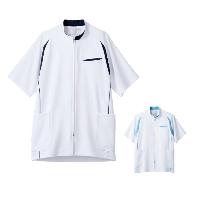 ●品番：MJ552 ●商品名：MJ552 ジャケット 半袖 メンズ ●メーカー：住商モンブラン ●機能：制菌加工 吸汗 制電 防汚 透け防止 ●素材：ソフトラチネ（ポリエステル100％） ●カラー：0104 白／ウォームブルー　0109 白／ネイビー ●サイズ：S M L LL 3Lすっきりと見せるライン使いと白ベースに映える配色がアクセント。 ＊コーディネイトにおすすめのパンツ＊ 〇MB651 メンズパンツ