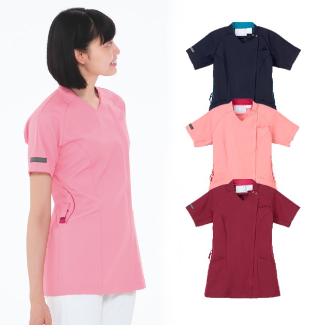 ML5362 ナガイレーベン ナースウェア スクラブ 女性用 半袖 PHSポケット ストレッチ 制電 吸水 防汚 業務用洗濯可 形態安定素材 NAGAILEBEN 医療用 看護師 介護 レディース レディス 女子 上衣 医務衣 チュニック 白衣 ネイビー 紺 赤 ピンク
