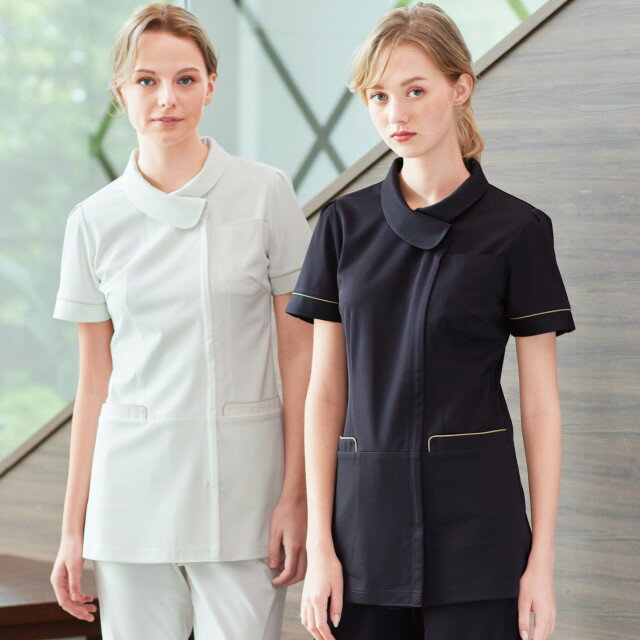 LH6222 ナガイレーベン ナースウェア ジャケット 女性用 半袖 PHSポケット 襟付き 制菌加工 制電 吸水 防汚 透け防止 涼感素材 業務用洗濯可 NAGAILENBEN 医療用 看護師 介護 レディース レディス 女子 チュニック 上衣 医務衣 白衣 ナース服 ホワイト 白 チャコール