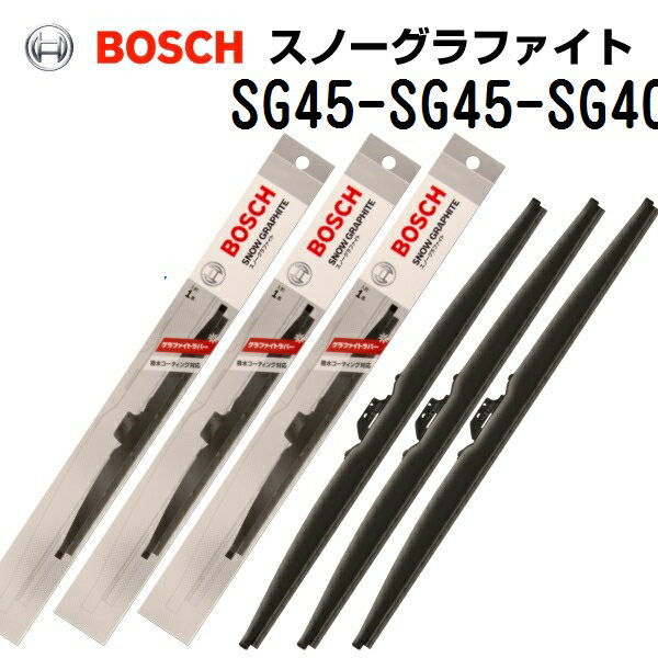 ワイパー&nbsp;&gt;&nbsp;汎用ワイパー&nbsp;&gt;&nbsp;BOSCH&nbsp;&gt;&nbsp;スノーワイパーブレード 商品一覧表送料の兼ね合いにより北海道・沖縄・離島からの注文はキャンセルさせていただきます。ご迷惑をおかけしますが、なにとぞご了承お願いいたします。【重要】BOSCH国産車用ワイパーブレード(雨用・雪用)はUフック対応となっています。車のワイパーアームがUフックでない場合は装着できません。Uフック以外の車種において適合表のワイパー品番の横に「アダプター品番」が併記されている車種は、該当するボッシュワイパーブレード用アダプターをお持ちでない場合は必ずお買い求めください。アダプターがないとワイパーアームへ装着できません。ワイパーブレードと同時に購入された場合は同梱できますのでアダプター用の送料は必要ありません。グラファイトコーティングマイクロダブルエッジ・エアロダイナミックフォルム・完全シールド——ボッシュの高払拭性能で安全視界を確保優れた拭き取り性能と耐寒性アウトバーンからラリーフィールドまで、過酷な走行条件で実証されたボッシュのワイピング・テクノロジー。拭き取りゴムをミクロン単位でカットし、水をそぎ落とす“マイクロダブルエッジ”。さらに完全シールドボディにより優れた耐寒性能を実現。ボッシュスノーワイパーブレードには、独自の先進技術が活かされています。　品番 SG45-SG45-SG40 の適合車種一覧 〔 トヨタ マスターエース を選択した一覧 〕ご購入の際は必ず現車のワイパーの長さと適合表をご確認ください。※ アルファードおよびヴェルファイヤにお乗りのお客様へ本製品を取り付けた状態で勢いよくボンネットを開けると、ボンネットステーを立てる付近で助手席側ワイパーアームとボンネットが干渉し、塗装がはがれるおそれがあります。ボンネットを開ける際には、安全のため、必ずワイパーアームとワイパーブレードの取り付け部分付近を柔らかい布やタオル等で保護するか、または雨用ワイパーに取り替えてください。注意：アダプター品番が併記されている車種は必ずアダプターを別途お買い求め下さい。アダプターがないとワイパーブレードが装着できません。：アダプター欄に“x2”の表記のある場合は対象品番のワイパーが 2 本必要となります。：★ 印車両、ワイパーブレードがボンネット下に収納される「フルコンシールド、セミコンシールド」車は、ワイパーブレードが車体と干渉する恐れがあります。ワイパーアームがボンネットに接触しない位置で停止するように調整してください。：▲ 印適合品番は、純正ワイパーより1 サイズ短い設定になっているか、フロントガラスの曲率により助手席側左端を拭き残す場合がありますので予めご了承ください。適合車種が「サイドロック」「トップバヨネット」「センターネジ止め」の場合、別売りアダプターを購入頂き、ワイパー本体に組み込み使用してください。車種車両型式モデル年式運転席側助手席側フロント備考リヤリヤ備考■ トヨタマスターエース サーフCR21G/CR28GCR30G/CR37GYR20G/YR28GYR21GYR30G/YR36GS57.11−H4.1SG45SG45別売りA-1アダプターをご使用ください。SG40別売りA-1アダプターをご使用ください。BOSCH 自動車用ワイパーブレード 雪用 悪天候用SG45 SG45 SG40 トヨタ マスターエースサーフ BOSCH(ボッシュ) スノーグラファイトワイパーブレード3本組 450mm 450mm 400mm【お送りする商品】運転席側と助手席側とリア用ワイパーブレード運転席側(品番:SG45) 450mm 1本助手席側(品番:SG45) 450mm 1本リヤ用(品番:SG40) 400mm 1本簡易包装で発送します、ご了承ください。Uフックタイプに対応。ラバーに施されたグラファイトコーティングにより、反転音・作動音のビビリ音を低減し、スムーズな拭き取りを実現。水を通さない特殊構造により、厳寒状態でも常に優れた拭き取り性能を発揮します。