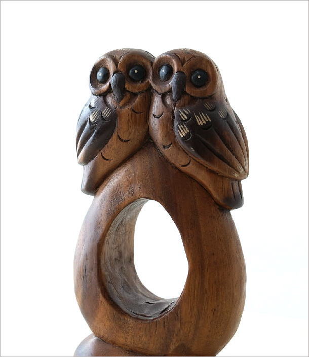 ふくろう フクロウ 置物 木彫り ペア おしゃれ オブジェ 木製 天然木 かわいい エスニック 小物 アジアン雑貨 インテリア 木彫りのペアフクロウ [2]