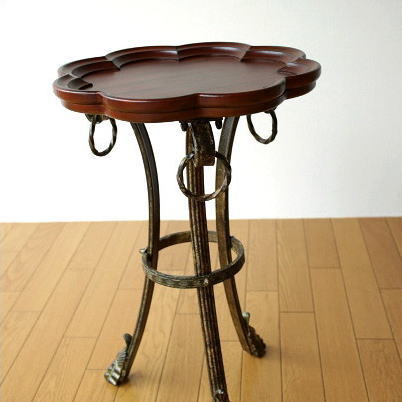 サイドテーブル アンティーク調 トレーテーブル 木製 アイアン 丸 花台 コーヒーテーブル カフェテーブル 花置き台 おしゃれ クラシック エレガント レトロ ヨーロピアン 高さ60cm アイアンとウッドのトレイテーブル フラワー