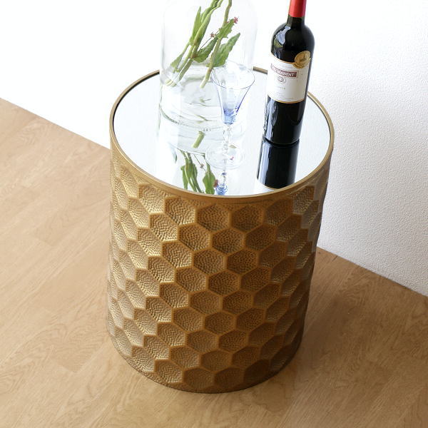 サイドテーブル 花台 ミラー おしゃれ 丸テーブル ソファーサイドテーブル ベッドサイドテーブル アンティーク調 丸型 円形 軽量 インテリア アイアンとミラーのテーブル ラウンド