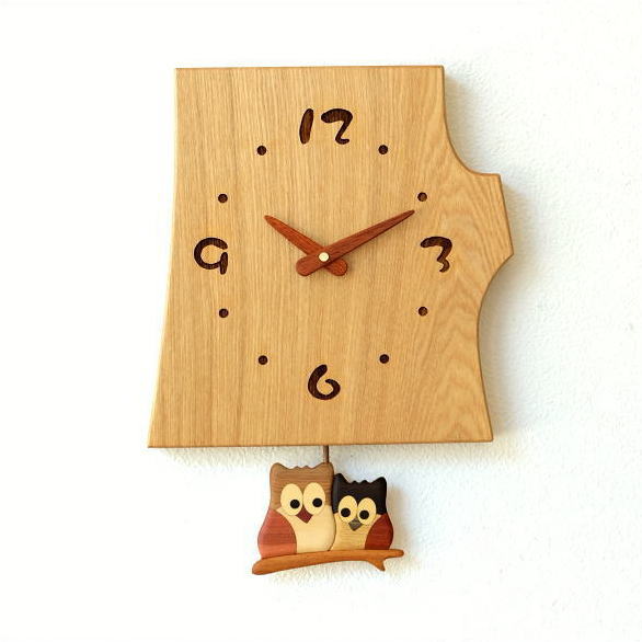 振り子時計 壁掛け おしゃれ 木製 日本製 手作り 天然木 無垢材 ふくろう かわいい インテリア 和風 ナチュラル 木の振り子時計 フクロウNA