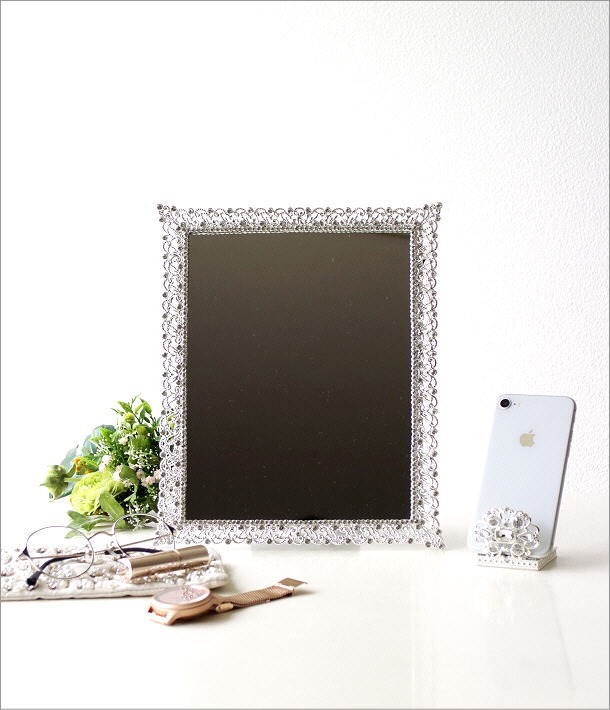 鏡 卓上 ミラー 壁掛け おしゃれ 可愛い かわいい 折りたたみ キラキラ スタンドミラー 折り畳み 卓上ミラー 壁掛けミラー エレガント 上品 シルバー ビジュー メタル メイク 化粧 角型 四角 長方形 キラキラミラー スクエア
