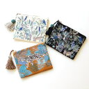 ポーチ 小物入れ おしゃれ 刺繍 デザイン コットン タッセル 布張り かわいい 携帯 スマホ フラットポーチ アクセサリーポーチ ジャングル刺繍のフラットポー...
