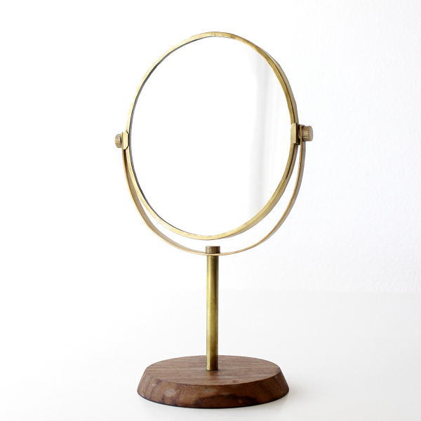 鏡 ミラー おしゃれ 卓上ミラー オーバルミラー ウッド 天然木 ブラス かわいい スタンドミラー アンティーク シーシャムウッドと真鍮のスタンドミラー