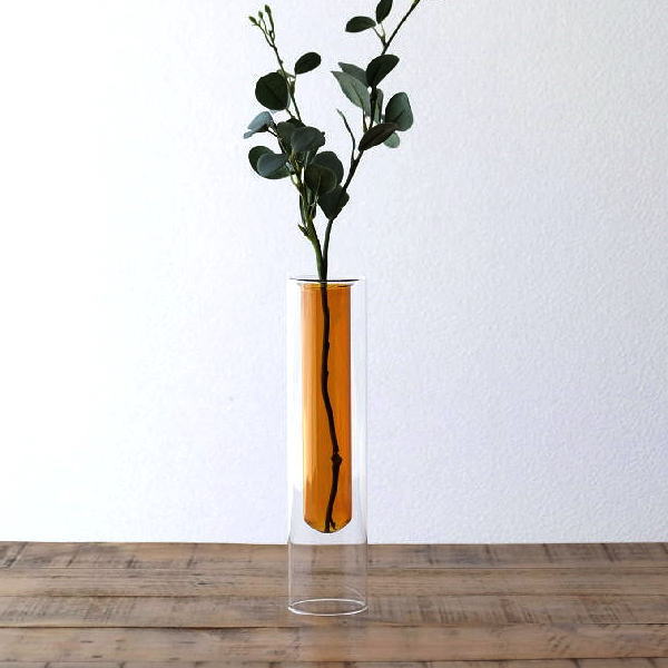 花瓶 ガラス 一輪挿し フラワーベース おしゃれ 高さ25cm アンバーカラー 透明 クリア 花器 試験管 円柱 円筒形 枝物 シンプル モダン 北欧 デザイン インテリア 細い 細長い 花挿し 花入れ ガラスベース クリアーinアンバー