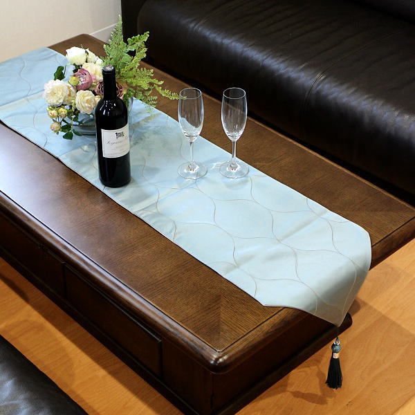 テーブルランナー おしゃれ 210cm × 33cm ブルーグレー ベージュ 光沢 ロング 長い ポリエステル タッセル付き 刺繍 テーブルクロス マット テーブルセンター テーブルウェア ベッドランナー モロッカン モダン 北欧 高級感 テーブルランナー B