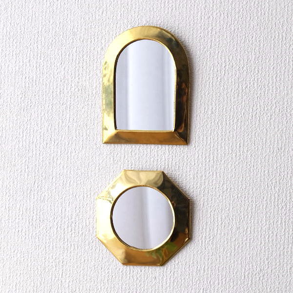 【5/25限定P3倍】 鏡 壁掛けミラー 真鍮 アンティーク レトロ ゴールド ウォールミラー 小さい コンパクト 真鍮の壁掛けミニミラー 2タイプ