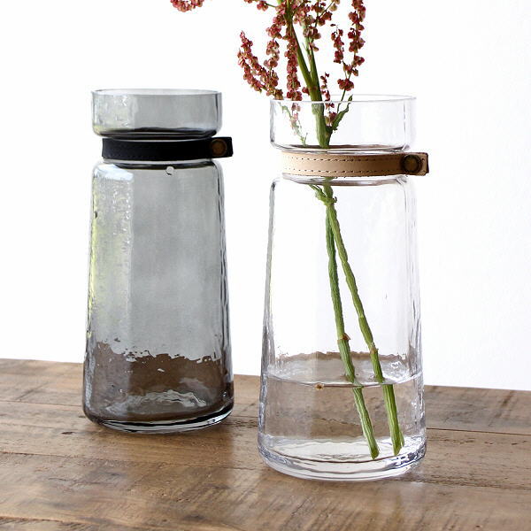 花瓶 フラワーベース おしゃれ ガラス 花器 ガラスベース 本革 革ひも シンプル クリア 透明 かわいい プレゼント 革巻きゆらぎガラスのベース L 2カラー
