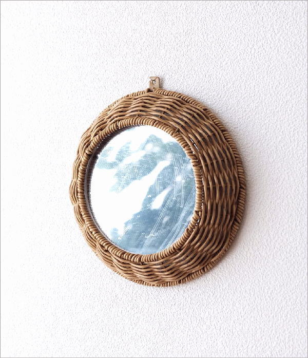 鏡 壁掛けミラー ラタン おしゃれ ラウンドミラー 丸い ナチュラル 壁掛け ウォールミラー シンプル かわいい 和風 洋風 デザイン インテリア フェイクラタンのフラワーミラー M