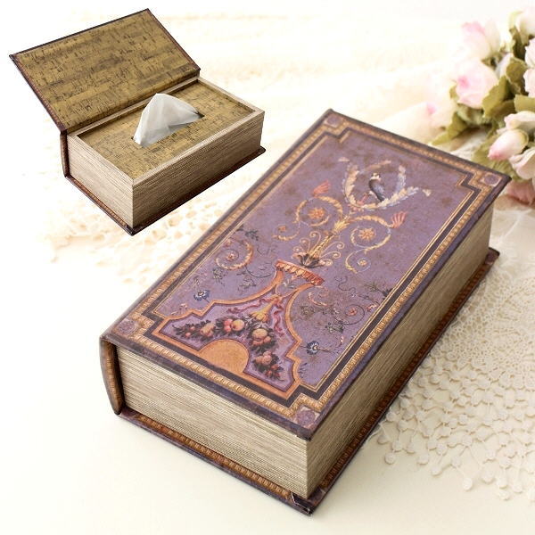 ティッシュケース アンティーク 本型 ふた付き おしゃれ 猫 いたずら防止 マグネット開閉 ホコリ除け ..