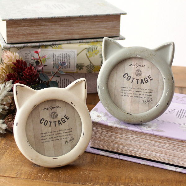 写真立て フォトフレーム 猫 ネコ かわいい 可愛い 丸 丸型 ミニ 小さい アンティーク レトロ 卓上 壁..