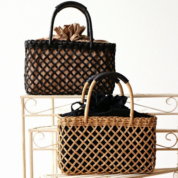 かごバッグ カゴバッグ レディース ラタン おしゃれ かわいい ナチュラル 巾着 軽い 自立 革巻きハンドル 天然素材 春 夏バッグ 籠バッグ ラタンダイヤメッシュバッグ 2カラー