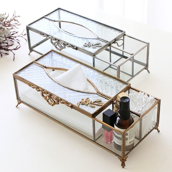 ティッシュケース 小物入れ 収納付き ガラス 真鍮 おしゃれ クリア 透明 ふた付き 脚付き ティッシュボ..