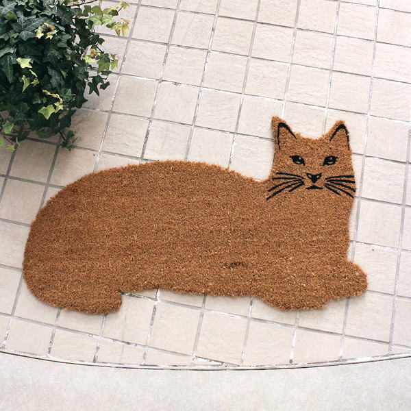 Rakuten - 玄関マット 猫型 屋外 ドアマット ココヤシ コイヤーマット ゴム ラバー加工 滑りにくい 可愛い ナチュラル 天然素材 砂落とし 変形 ユニーク 猫シルエット エントランスマット コイヤーキャット