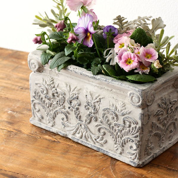 植木鉢 プランター 陶器 おしゃれ アンティーク シャビー 8号 相当 24×13cm 寄せ植え グリーン 花鉢 フラワーポット 花器 底穴あり 横長 長方形 グレー ヨーロピアン クラシック 立体的 デザイン 陶器のプランターポット クラナス