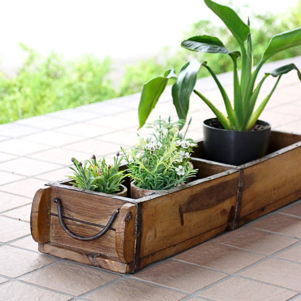 小物入れ 木製 アンティーク 卓上 収納ボックス ヴィンテージ レトロ リモコンラック ウッド 木箱 コンテナ 小物収納 ケース 鉄 取っ手付き ナチュラル インテリア 植木鉢カバー 古木 天然木 仕切り ブロカントなブリックモールドボックス L