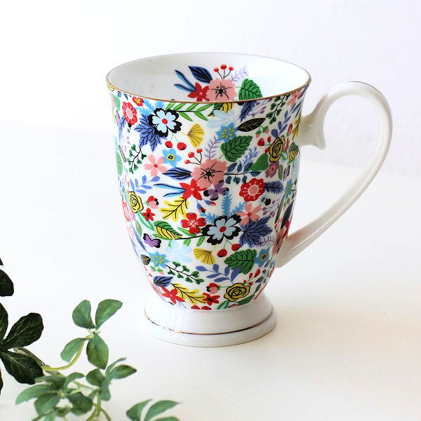 Rakuten - マグカップ ボーンチャイナ 花柄 かわいい フラワー ビタミンカラー 白磁 おしゃれ 北欧風 軽量 薄口 薄い飲み口 コーヒーカップ ティーカップ 電子レンジ対応 食洗機対応 300ml ギフト プレゼント フラワーマグカップ