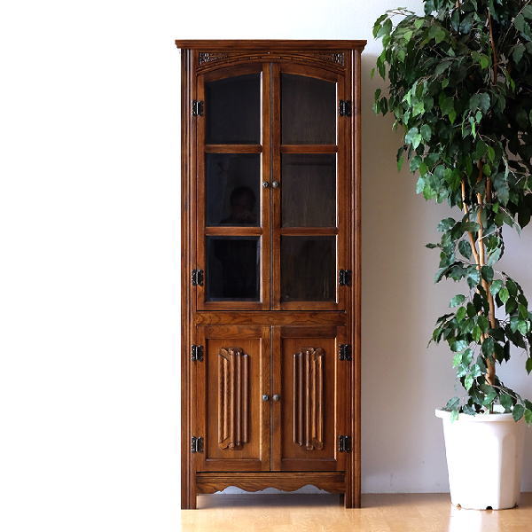 ガラスキャビネット カップボード 天然木 木製 オーク無垢材 スリム 飾り棚 食器棚 キッチンボード 開き戸 開戸 収納家具 リビング 本棚 書棚 扉 ディスプレイラック アンティーク風 レトロ 完成品 オーク飾り棚【開梱設置送料無料】