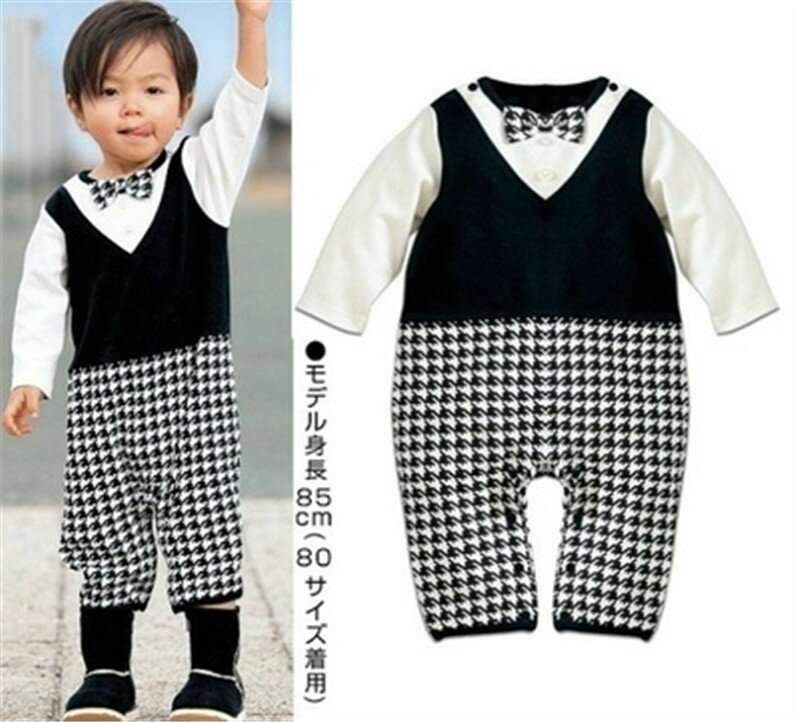 ベビー フォーマル 男の子 ロンパース 長袖 ブルー 蝶ネクタイ グレンチェック ベビー服 D007　すうじ..