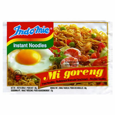 ミーゴレン（Migoreng）とは、インドネシア風焼ソバのことです。 ※パッケージの写真は調理例です。肉・野菜などは内容に含まれていません。 お湯で麺を3分ほどゆで、添付の調味料であじつけするだけの即席麺です。 商品名：インドミー・ミーゴレン（インスタント麺）内容量：80g（めん68g）×40袋 原材料：油揚げめん（小麦粉、パーム油、タピオカでん粉、かんすい、塩、ビタミンB2、酸化防止剤（ビタミンE））、塩、砂糖、調味料（アミノ酸）、香料、たん白加水分解物、ニンニク、唐辛子、パーム油、タマネギ、醤油 （小麦、大豆を含む） 原産国：インドネシア ◆調理方法（日本語）添付作り方 1.沸騰したお湯に麺を入れてほぐしながら3分間ゆでます。 2.ゆであがった麺をざるにあげ、お湯を切って皿に盛り添付調味料よく混ぜてできあがり。
