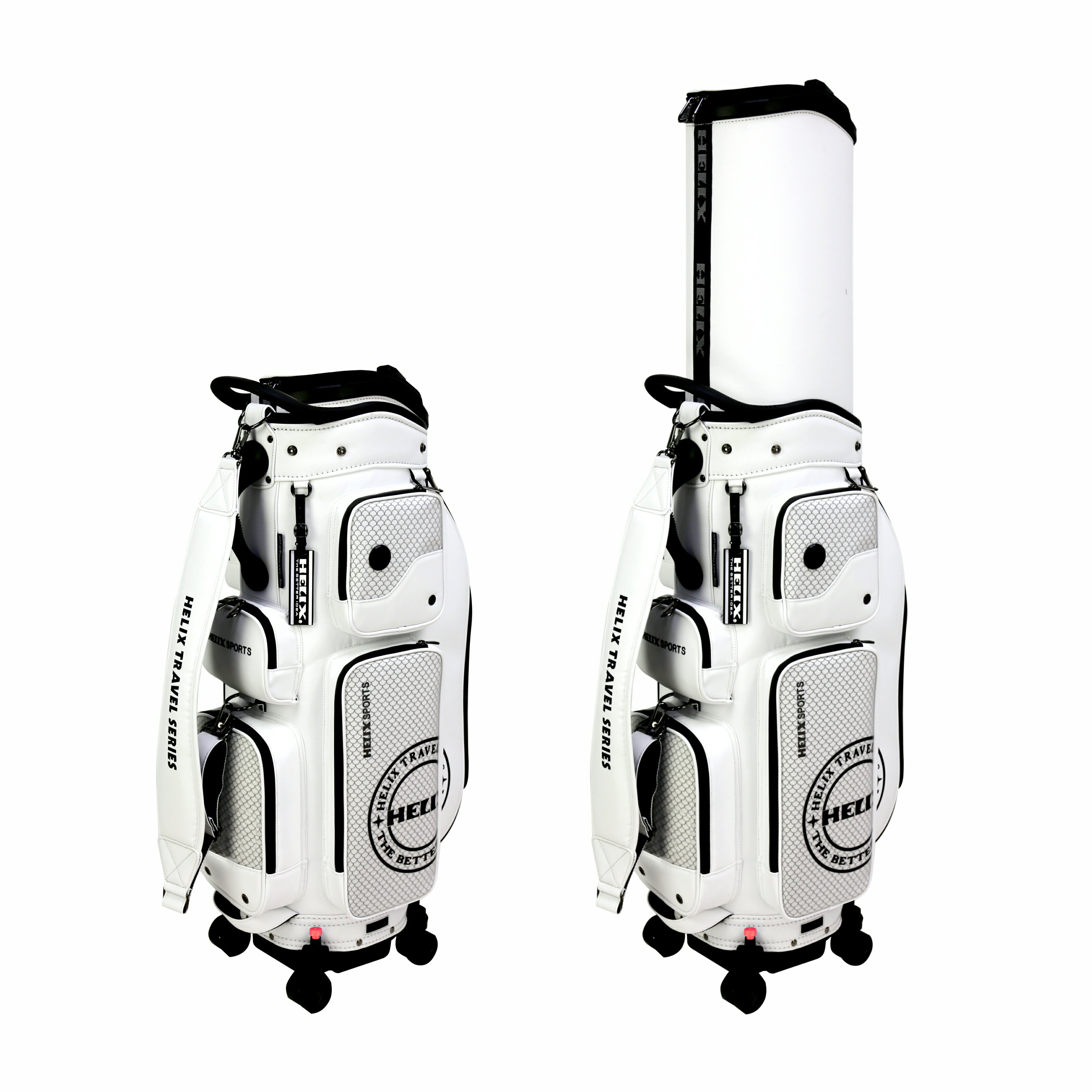 伸縮式ボールバッグとリフト可能なクラブカバーはボールバッグと統合されています。 クラブを効果的に保護します。 ユニバーサルキャスター付きシリーズ HELIX斬新コンセプトです。ユニークで独特なキャスターロッキング技術のボトムとは、ユニバーサルキャスターとキャスターロッキングという二つ特許の機能を取り組んだボトムです。ユーザーに優しいデザインコンセプトで、トラベルバッグとゴルフバッグの機能を結び付け、ゴルフの旅をもっと快適に楽しめます。 材料: PU サイズ: 26x39x88cm（最大129cm） 重さ: 5.8KG ※「モニターの発色により実際と異なる場合があります」