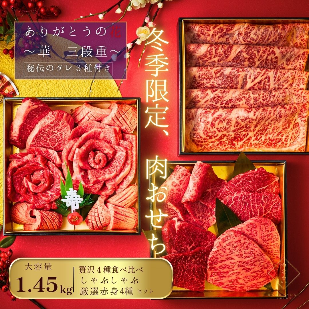 【上撰焼肉＆A5仙台牛4種食べ比べ】 二段重 1.05kg タレ付き 母の日 焼肉 贈答用 牛肉 ギフト 仙台牛 肉ケーキ 焼肉セット お祝い 結婚祝い 肉おせち 華 大阪 鶴橋 焼肉白雲台のサムネイル