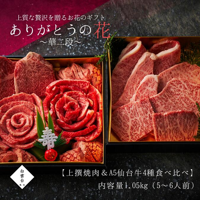 【上撰焼肉＆A5仙台牛4種食べ比べ】 二段重 1.05kg タレ付き 父の日 焼肉 贈答用 牛肉 ギフト 仙台牛 肉ケーキ 焼肉セット お祝い 結婚祝い 肉おせち 華 大阪 鶴橋 焼肉白雲台