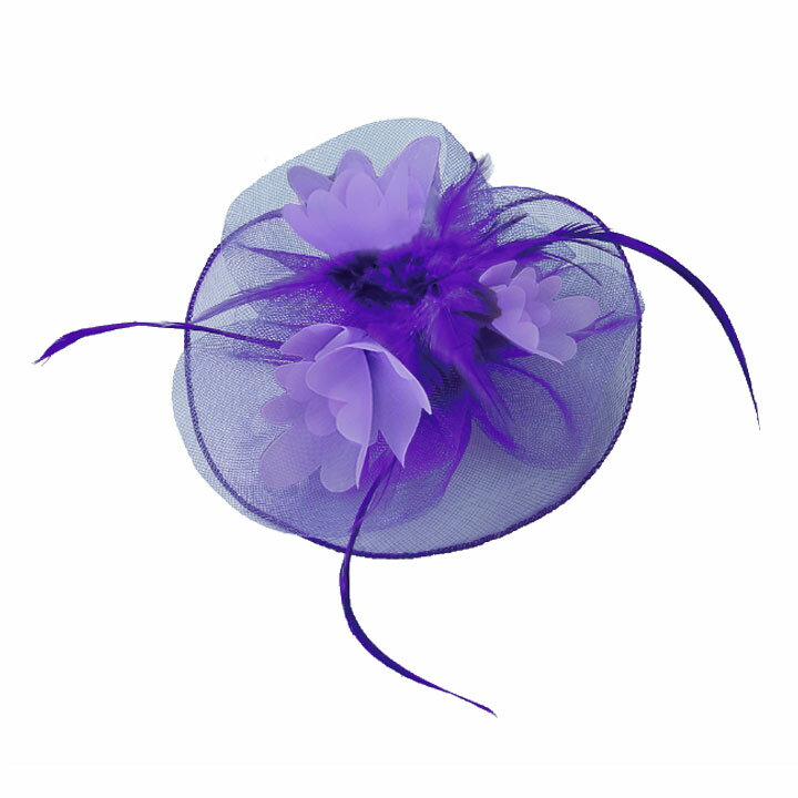 即納★ カクテルハット（パープル） [KS-GD060-3452] ヘアアクセサリー メッシュ 紫 花 羽根 大きめ ク..