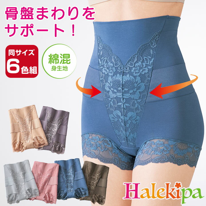 即納★【在庫限り】 ダブルサポート 骨盤 ショーツガードル 6色組　[448860-70379]　レディース インナー ミセス ショーツ 下着 補整下着 ガードル パワーネット 綿 綿混 骨盤 骨盤ベルト お腹 押さえ 腰 レース シェイプアップ パンツ ハイウエスト サポートインナー