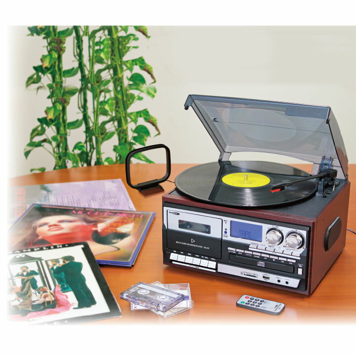 多機能レコードプレーヤー Z0792 オーディオ家電 マルチプレーヤー リモコン付属 ラジオ用ループアンテナ カセットテープ　再生　録音　レコード再生　CD再生　FM・AMラジオ　SDカード　USBメモリ　音声入出力