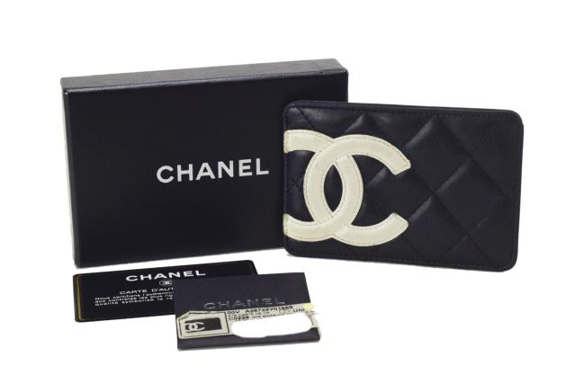 【中古】CHANEL シャネル カードケース 名刺入れ ココマーク カンボン ブラック×ホワイト