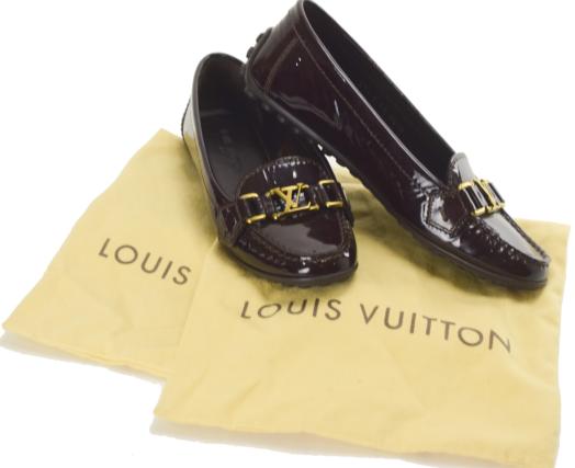 【中古】【美品】LOUIS VUITTON ルイヴィトン ドライビングシューズ ローファー パテントレザー エナメル ゴールドロゴ モカ ドライビングシューズ