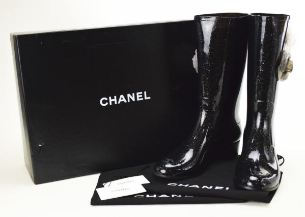 【中古】【美品】CHANEL シャネル 未使用品 カメリア 長靴 ラメ ココマーク サイズ40 G26648X31115 ブラック レインブーツ