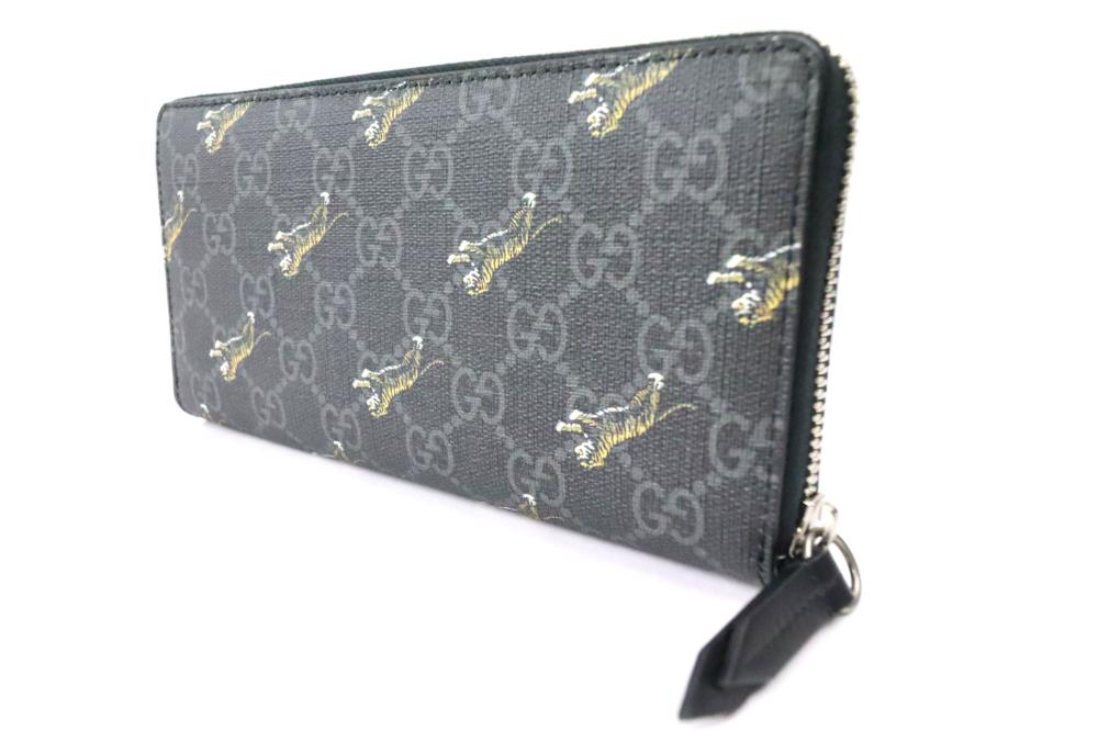 【中古】【美品】GUCCI グッチ ラウンドファスナー長財布 タイガー トラ GGスプリーム 575135 ブラック