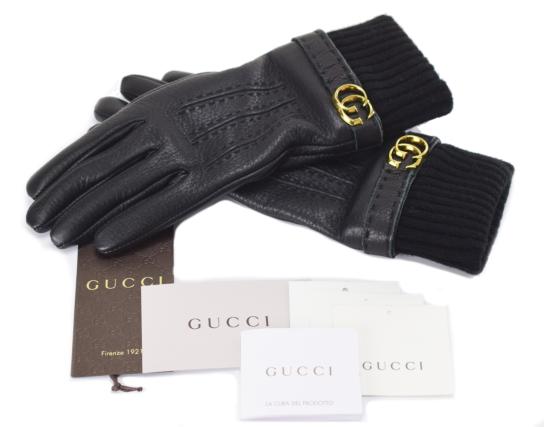 【中古】【美品】GUCCI グッチ レザーグローブ 24cm 鹿革レザー ブラック×ゴールド 手袋