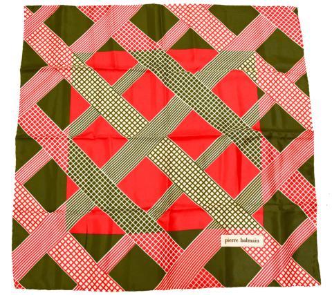 【中古】pierre balmain ピエールバルマン pierre balmain スカーフ シルク 赤×モスグリーン スカーフ