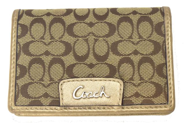 【中古】COACH コーチ カードケース ミニシグネチャー ゴールド×ブラウン