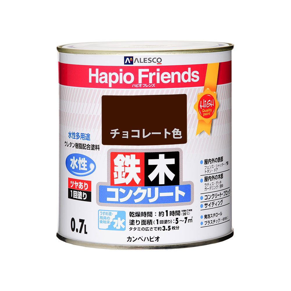 型番77650241007 商品説明ウレタン樹脂配合だから紫外線・排ガス・雪・酸性雨など外敵から建物を守り、長期間風合い・ツヤを保ちます。臭いが少なく、乾燥も速く、使いやすい水性タイプ。※乾くと雨や水で流れ落ちる事はありません。防カビ剤配合だから外壁・水まわりなどをカビの発生から守ります。防サビ配合だから鉄部をサビの発生から守ります。【用途】木部・鉄部・プラスチック(一部を除く)・発泡スチロール・コンクリートなど【塗れないもの】自動車、バイク、高級家具、床面、ビニールクロス、常に水に浸かっている所、鉄以外の金属(ステンレス、アルミ、メッキ、真ちゅう、銅、ホーロー)、タイル、化粧板、陶器、ポリカーボネート、ポリエチレン、ポリプロピレン、シリコンなど特殊処理された素材 仕様容量:0.7L色:チョコレート色商品サイズ(幅×奥行×高さ):119Φ×121商品重量(g):1009乾燥時間: 約1時間(20℃) 約2時間(冬期) 重ね塗り時間:4時間以上(20℃) 6時間以上(冬期)塗り面積(m2):約 5~7塗り重ね回数:1回